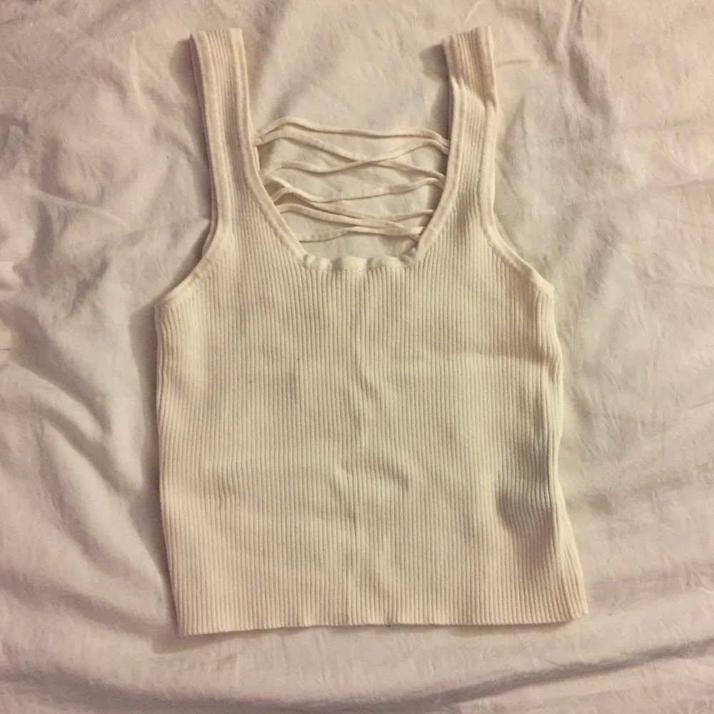White tank top cropped lace up back